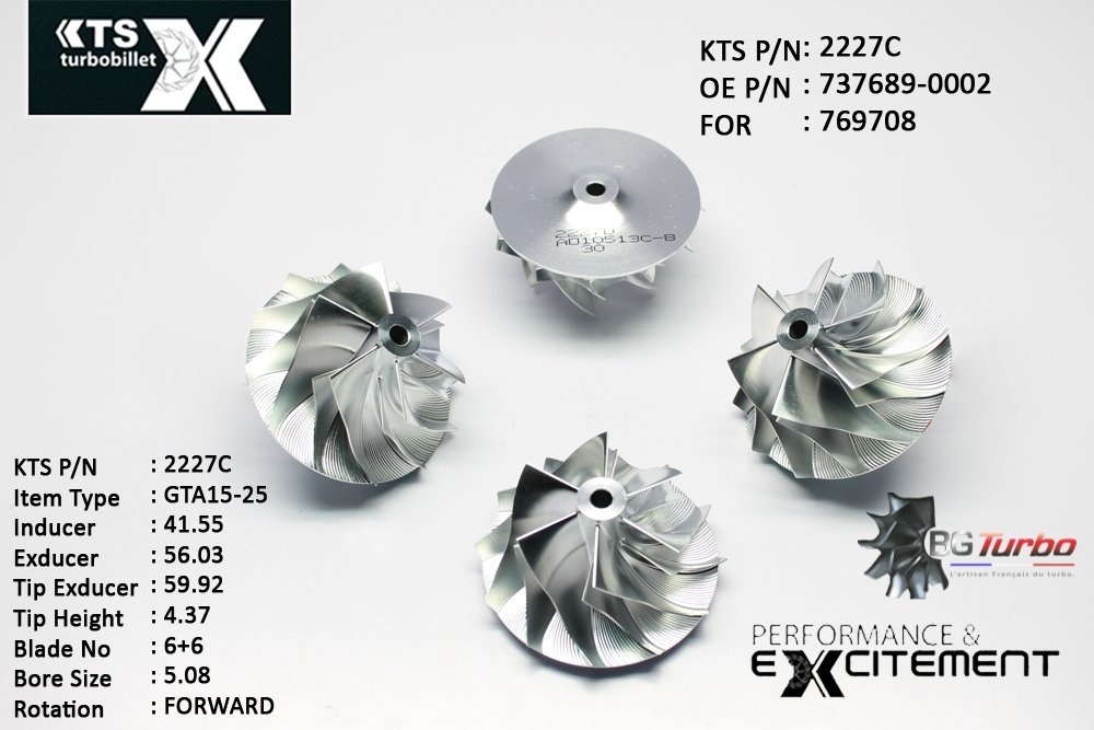 Turbo ROUE FORGÉE MFS PERFORMANCE - 6+6 PALES - INDUCER : 41,55 - EXDUCER : 56,03 - TYPE : GTA15-25ANGLE : 60° - ROTATION : Forward - SUPER BACK : 3,68 - BORE SIZE : 5,08
